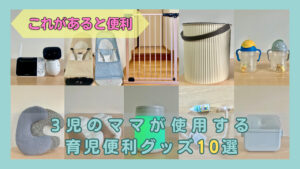 育児グッズ10点の写真と「3児のママが使用する育児便利グッズ10選」の文字