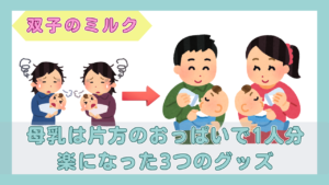 泣く双子を抱えて困る両親と、落ち着いて双子にミルクをあげる両親を並べたイラスト