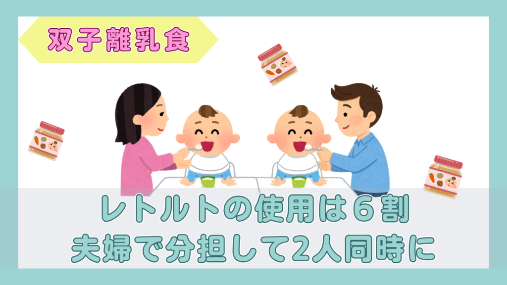 双子の赤ちゃんに、夫婦がスプーンでベビーフードを食べさせているイラスト
